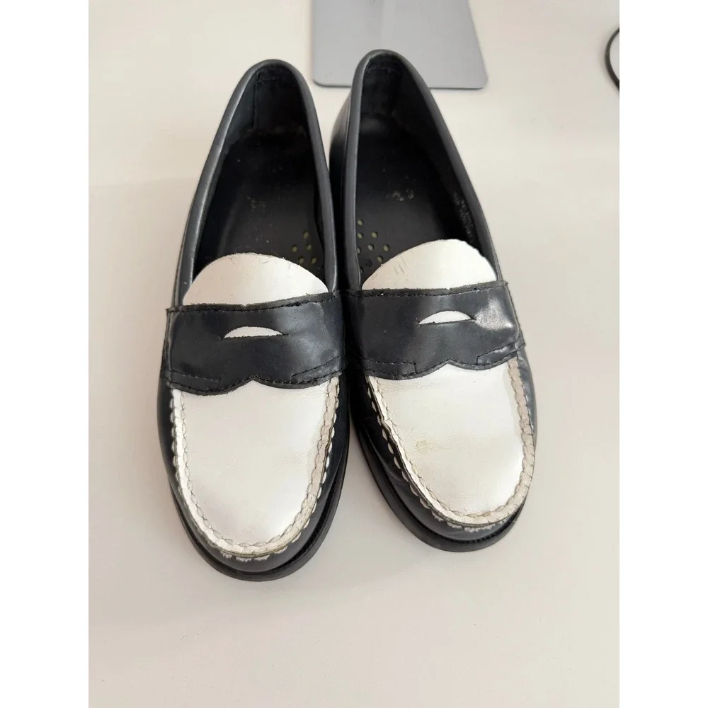 Bass Womens Two‎ Tone Penny Loafers Black White Leather Slip On Shoes 6.5 M